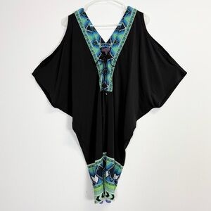 Hale Bob Tunic Womens Large Black Green Blue Pattern Boho Caftan Cover Up Dress